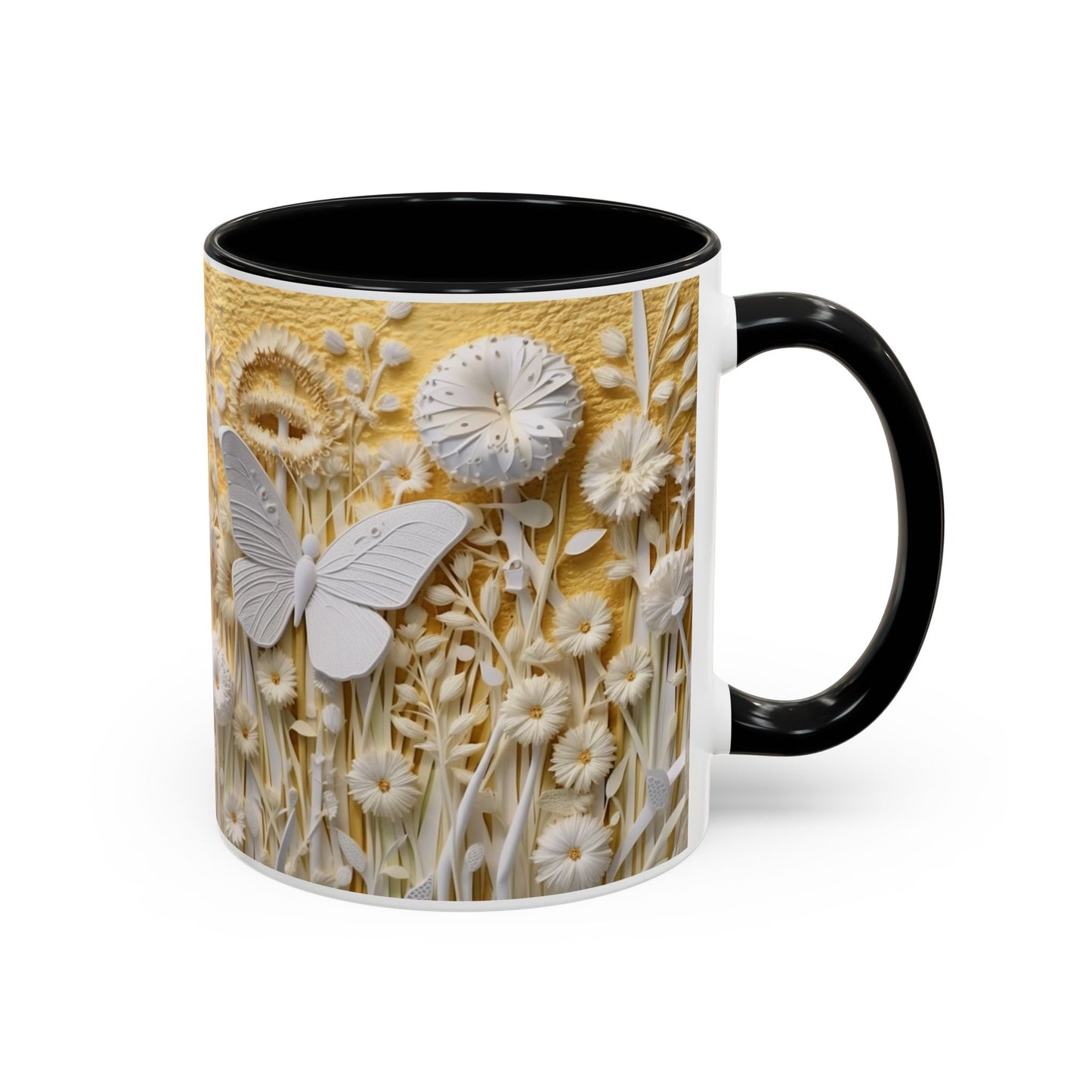 White Floral Relief with Butterflies Accent Mug | 11oz 15oz