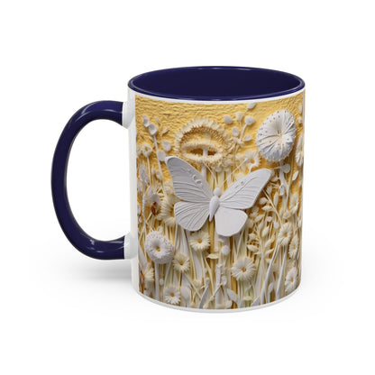 White Floral Relief with Butterflies Accent Mug | 11oz 15oz