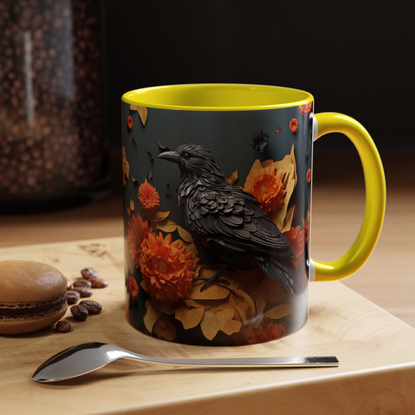 Autumn Raven Accent Coffee Mug — Black Crow & Orange Chrysanthemums (11/15oz)