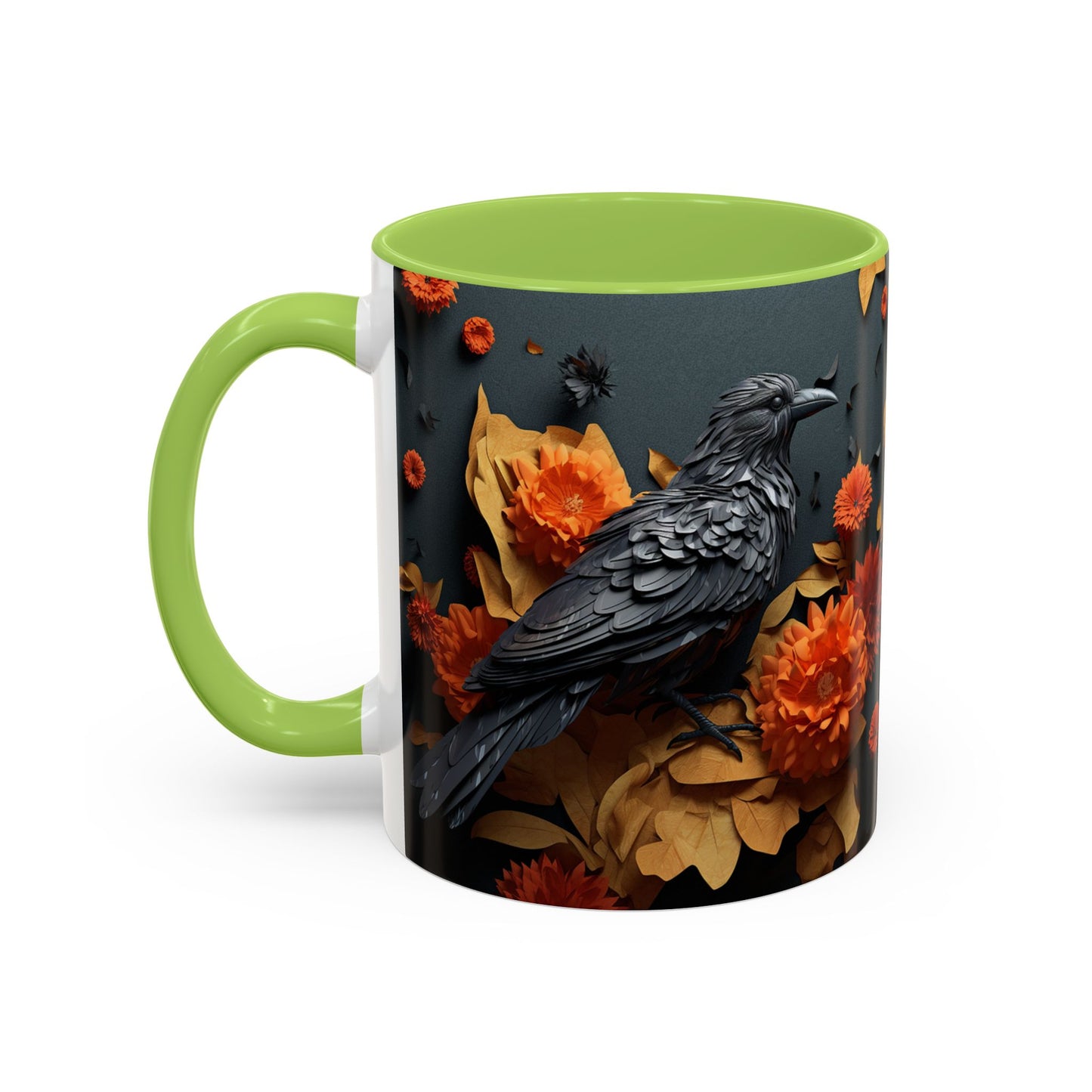 Autumn Raven Accent Coffee Mug — Black Crow & Orange Chrysanthemums (11/15oz)