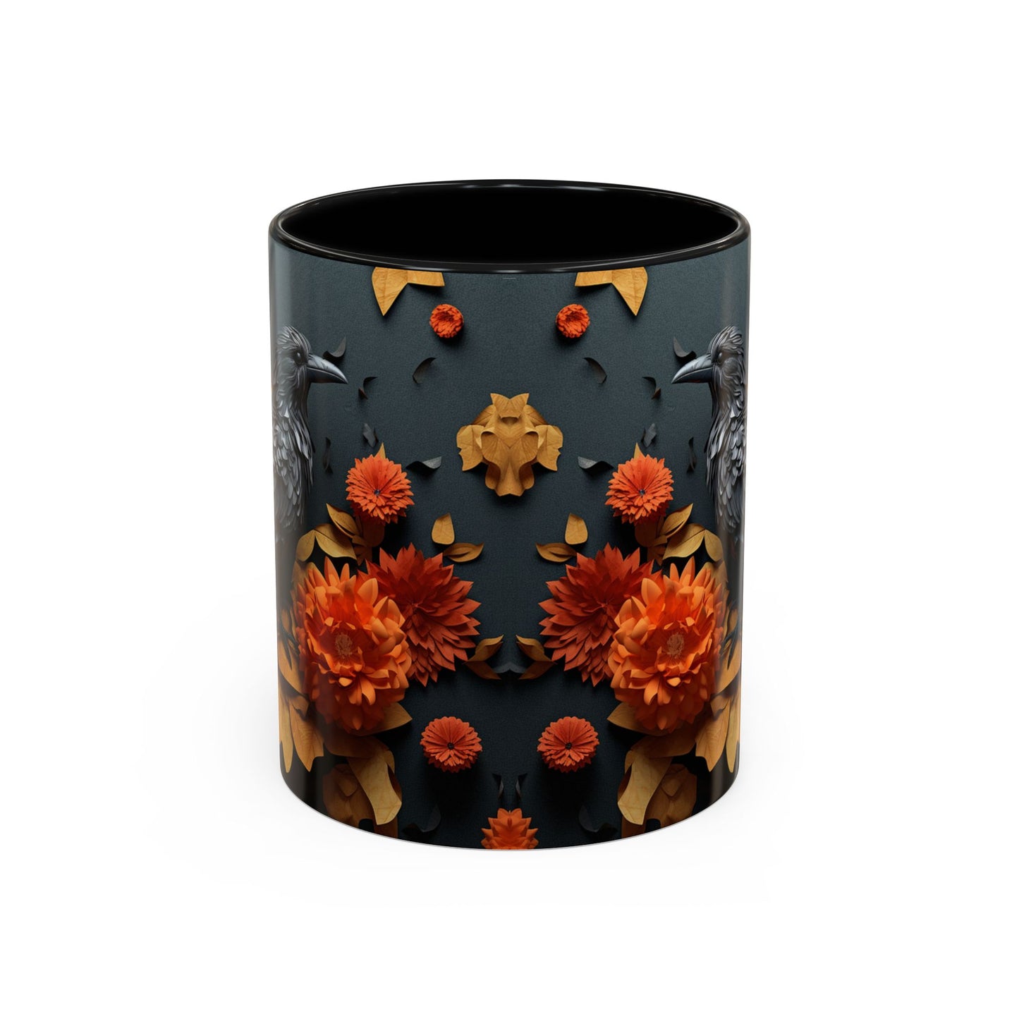Autumn Raven Accent Coffee Mug — Black Crow & Orange Chrysanthemums (11/15oz)