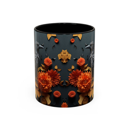 Autumn Raven Accent Coffee Mug — Black Crow & Orange Chrysanthemums (11/15oz)