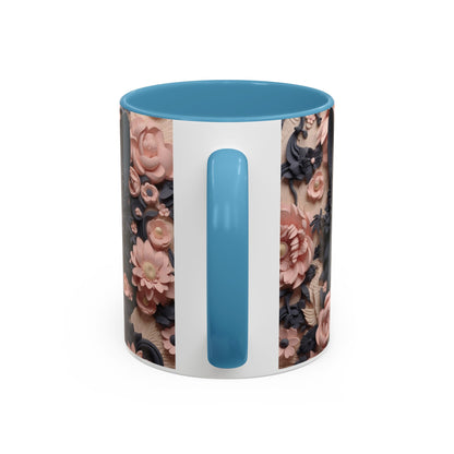 Black Cat & Pink Roses Accent Coffee Mug — 11/15oz Floral Cat Art