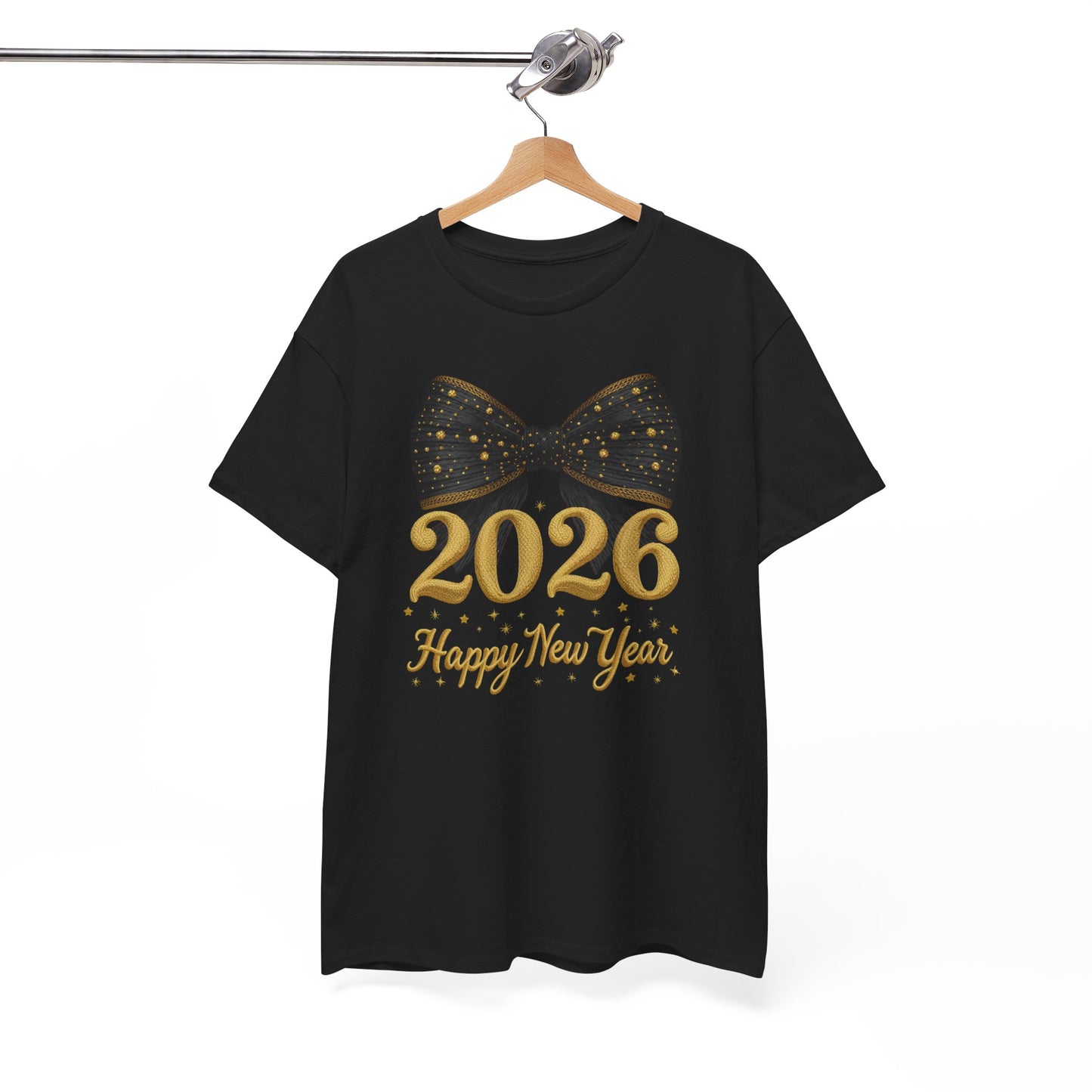 2026 Happy New Year T-Shirt — Gold Numbers with Black Sparkle Bow