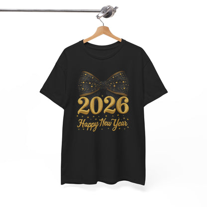 2026 Happy New Year T-Shirt — Gold Numbers with Black Sparkle Bow