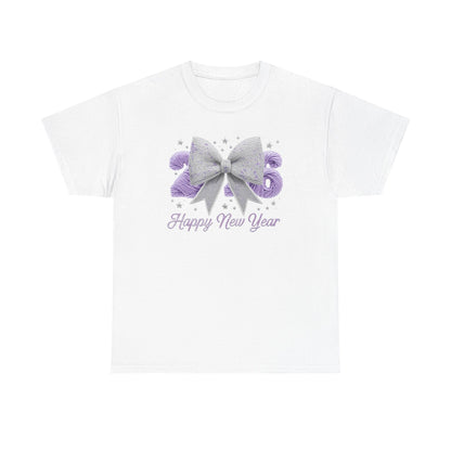 Happy New Year Bow T-Shirt Silver Glitter Bow with Purple Confetti Tee