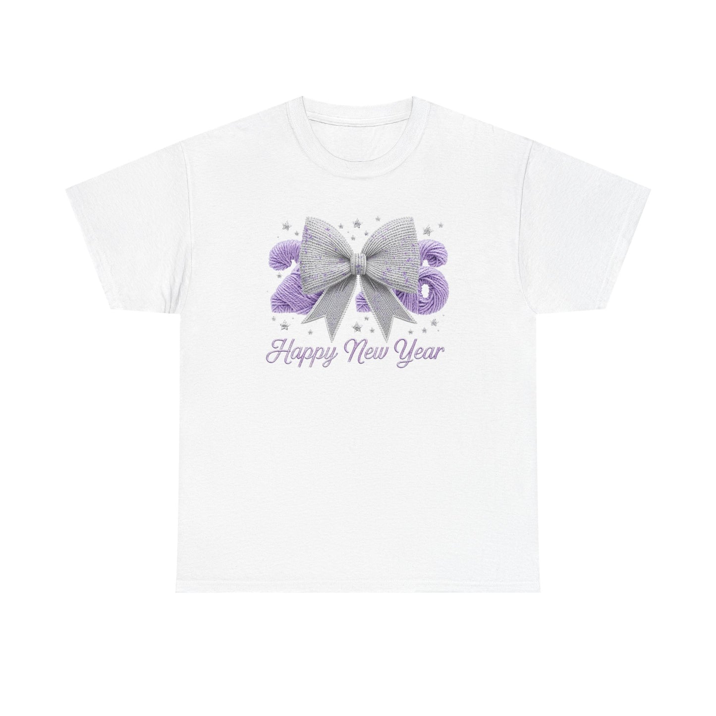 Happy New Year Bow T-Shirt Silver Glitter Bow with Purple Confetti Tee