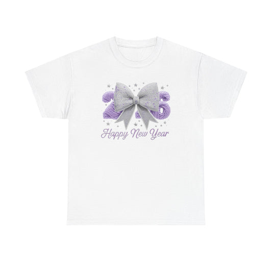 Happy New Year Bow T-Shirt Silver Glitter Bow with Purple Confetti Tee