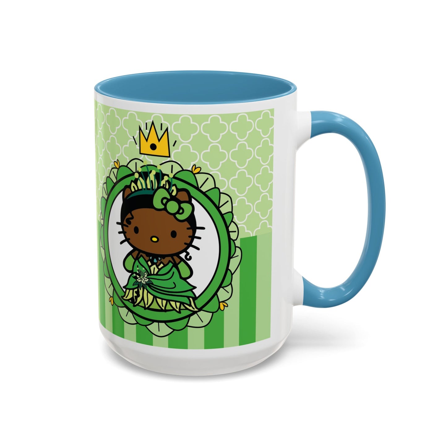Princess Cat Illustration Accent Coffee Mug | Green Stripes