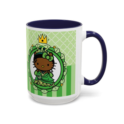 Princess Cat Illustration Accent Coffee Mug | Green Stripes