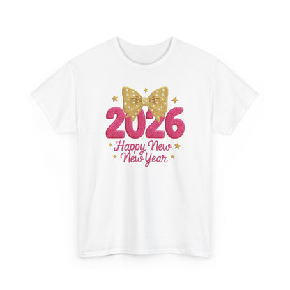 2026 Happy New Year T-Shirt — Pink & Gold Bow Celebration Tee