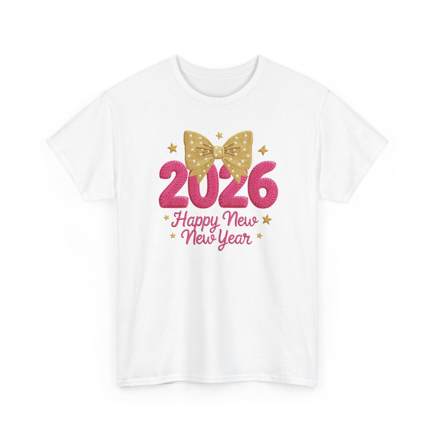 2026 Happy New Year T-Shirt Pink & Gold Bow Celebration Tee
