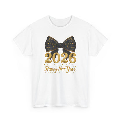 2026 Happy New Year T-Shirt  Gold Numbers with Black Sparkle Bow