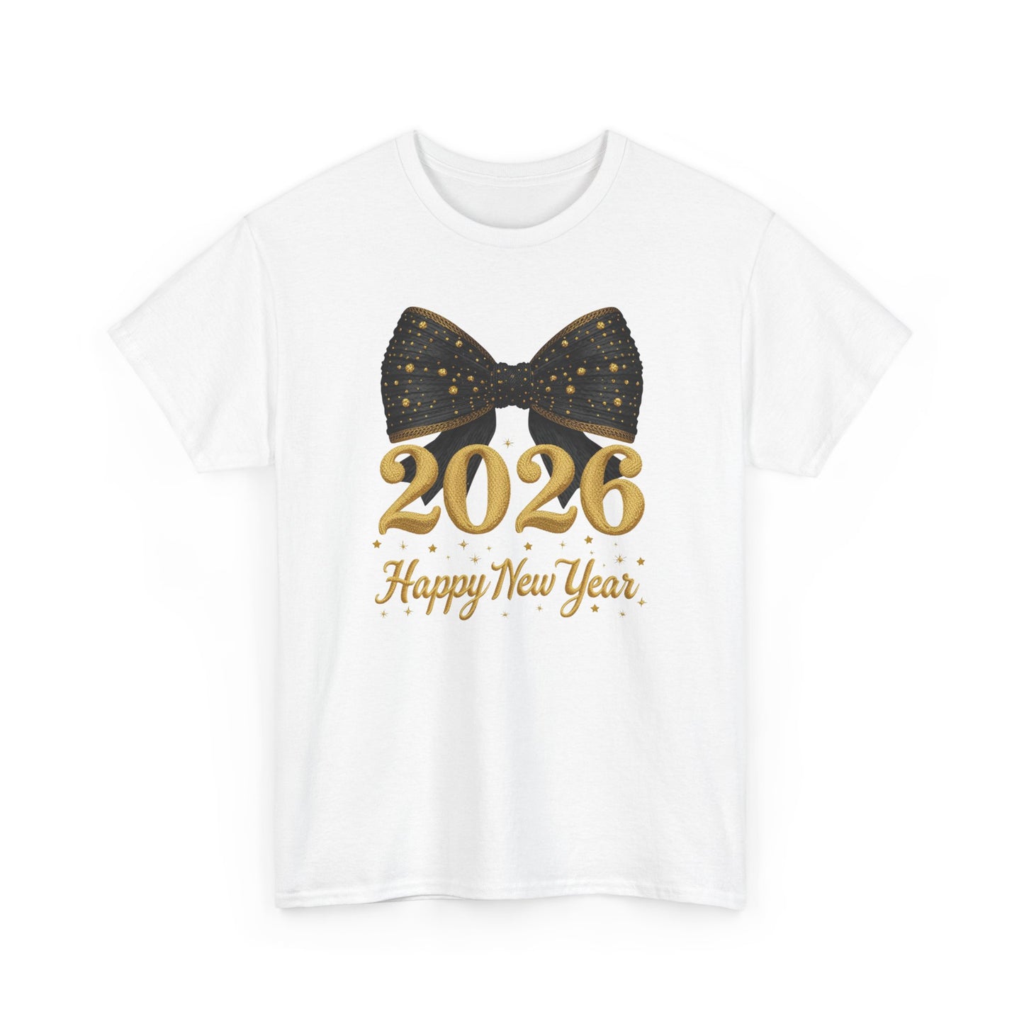 2026 Happy New Year T-Shirt  Gold Numbers with Black Sparkle Bow