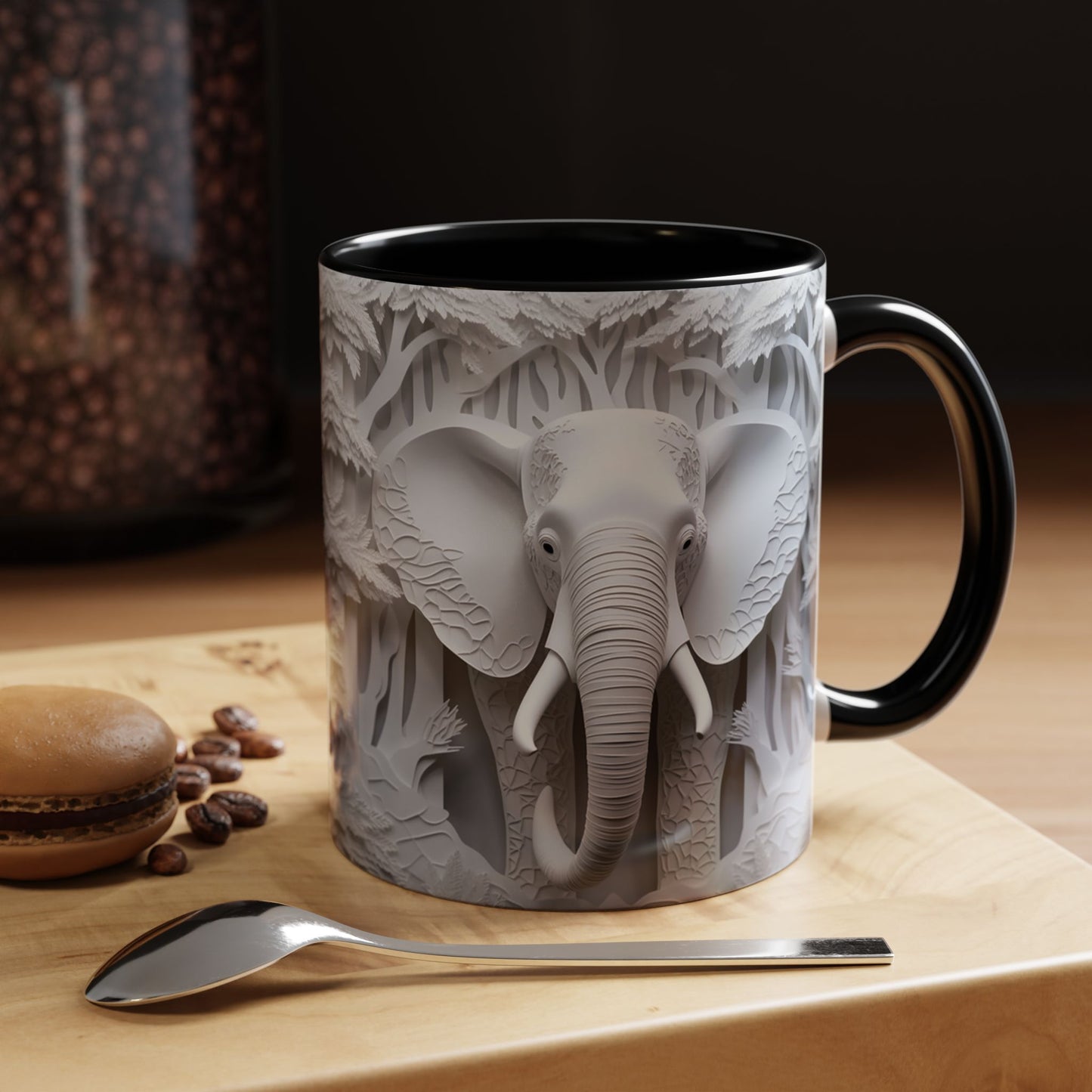 Elephant Relief Accent Coffee Mug — Grey Carved Jungle Design (11/15oz)