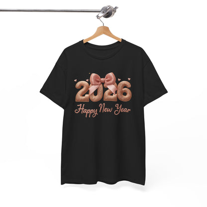 2026 Happy New Year T-Shirt — Rose Gold Balloon Numbers Graphic Tee