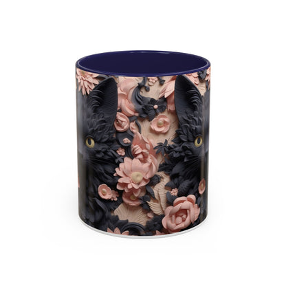 Black Cat & Pink Roses Accent Coffee Mug — 11/15oz Floral Cat Art