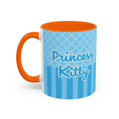 Princess Cat Illustration Accent Coffee Mug | Blue Striped Ceramic