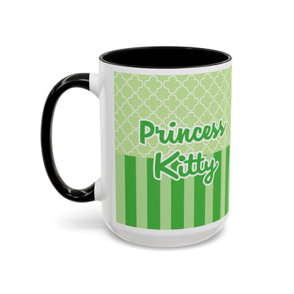 Princess Cat Illustration Accent Coffee Mug | Green Stripes