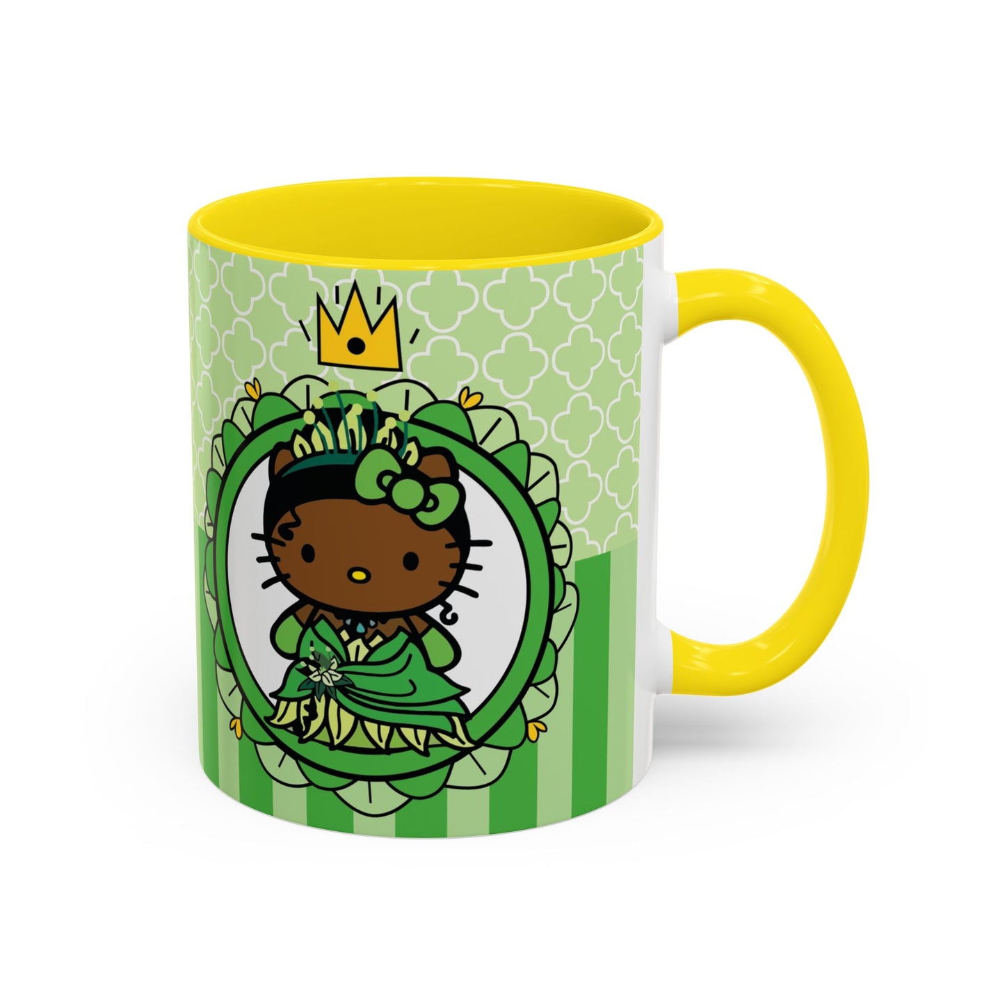Princess Cat Illustration Accent Coffee Mug | Green Stripes