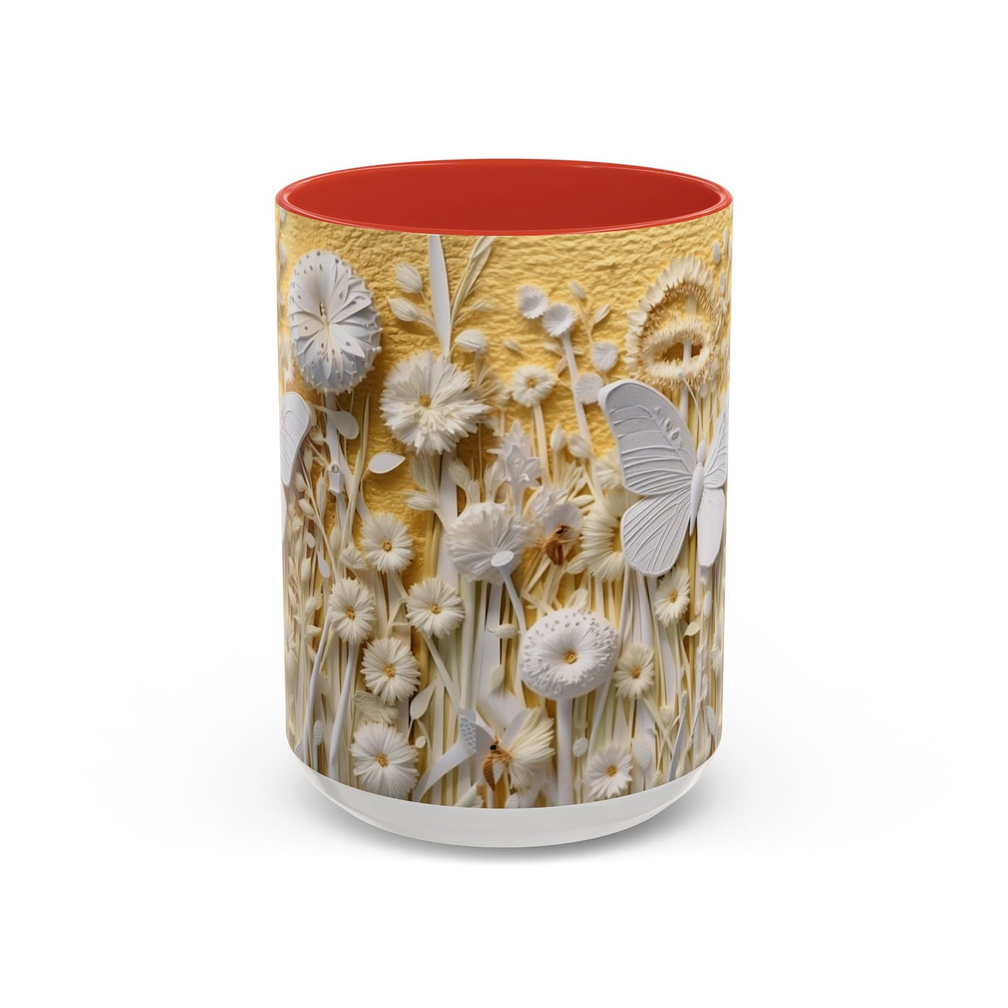 White Floral Relief with Butterflies Accent Mug | 11oz 15oz