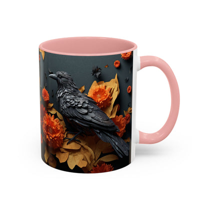 Autumn Raven Accent Coffee Mug — Black Crow & Orange Chrysanthemums (11/15oz)