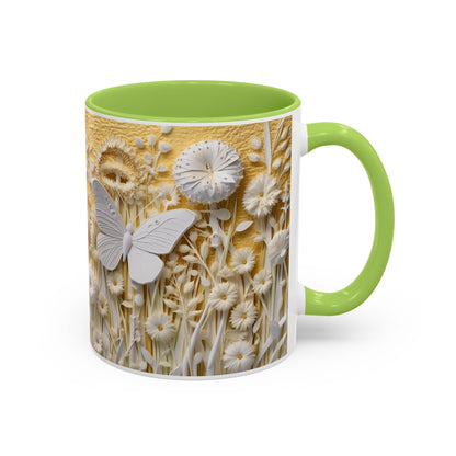 White Floral Relief with Butterflies Accent Mug | 11oz 15oz