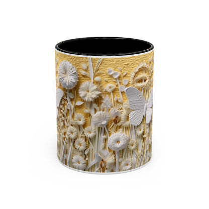 White Floral Relief with Butterflies Accent Mug | 11oz 15oz