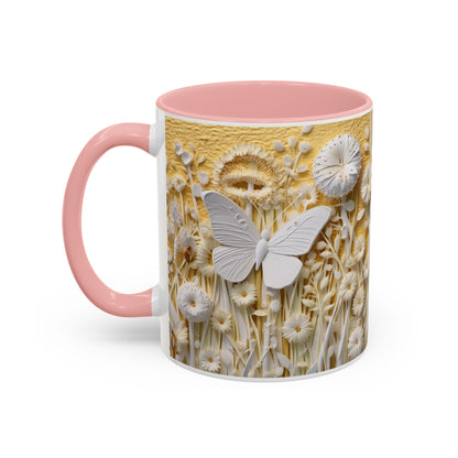 White Floral Relief with Butterflies Accent Mug | 11oz 15oz