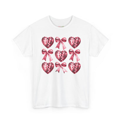 Pink Sequin Hearts & Bows T-Shirt | Valentine Heart Pattern Tee