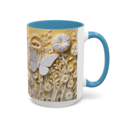 White Floral Relief with Butterflies Accent Mug | 11oz 15oz