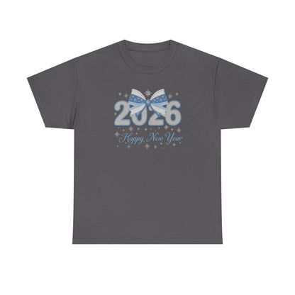 2026 Happy New Year Tee — Festive Blue Bow New Year T-Shirt