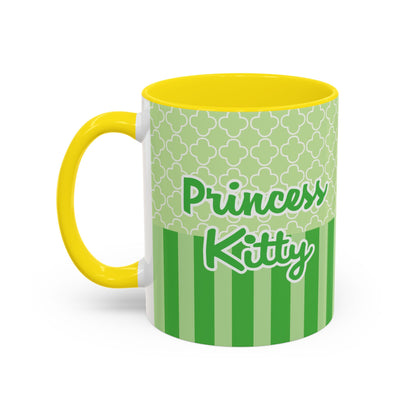 Princess Cat Illustration Accent Coffee Mug | Green Stripes