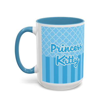 Princess Cat Illustration Accent Coffee Mug | Blue Striped Ceramic