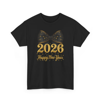 2026 Happy New Year T-Shirt — Gold Numbers with Black Sparkle Bow