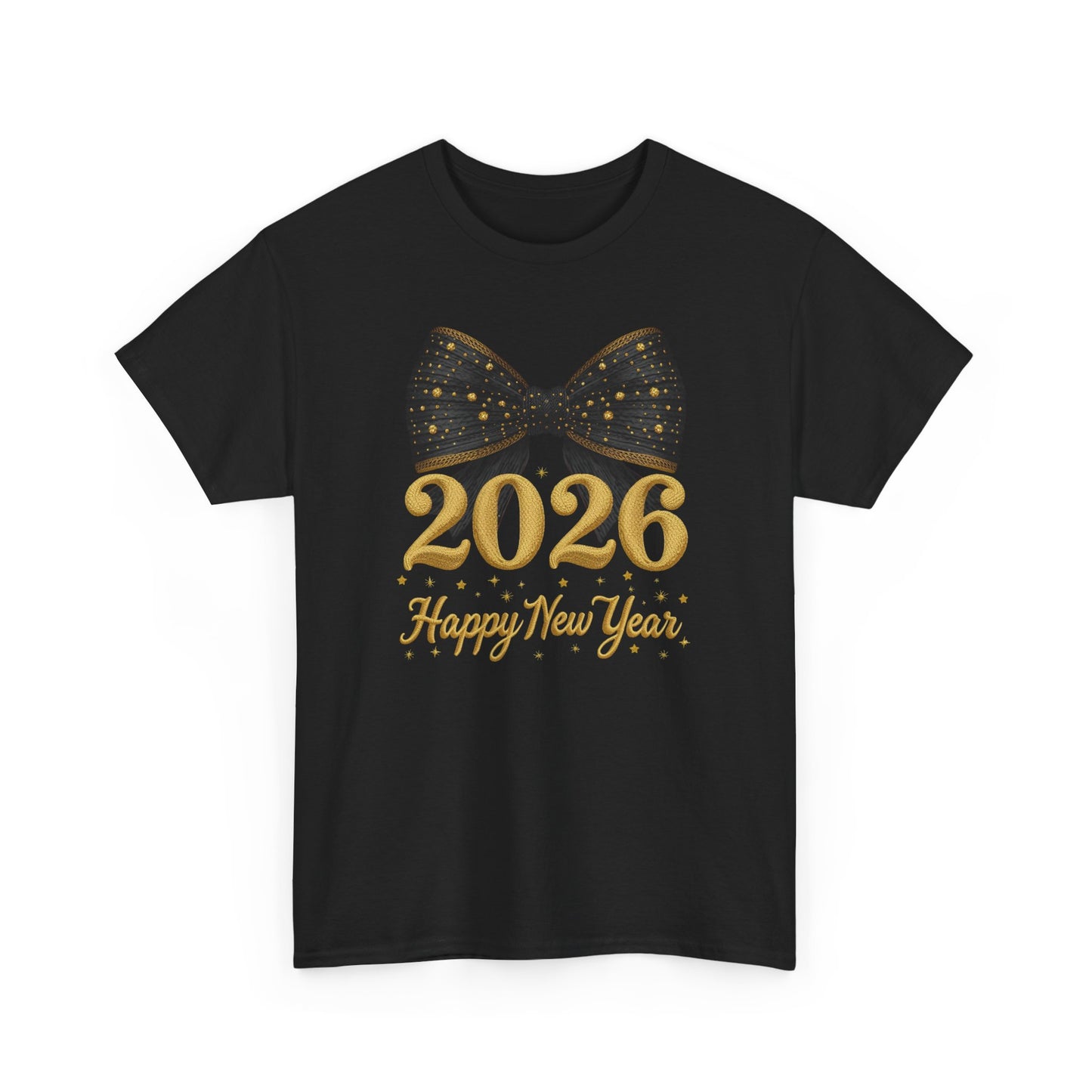 2026 Happy New Year T-Shirt  Gold Numbers with Black Sparkle Bow