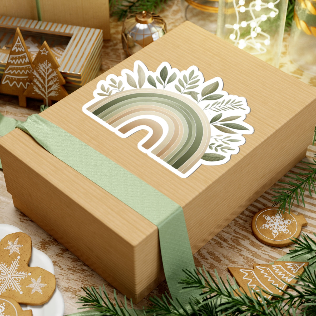 Neutral Boho Rainbow Kiss-Cut Sticker — Green Earthy Leaves Decal