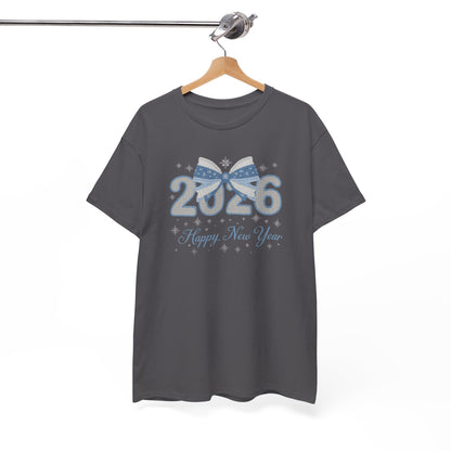 2026 Happy New Year Tee — Festive Blue Bow New Year T-Shirt