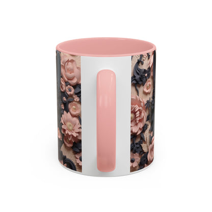 Black Cat & Pink Roses Accent Coffee Mug — 11/15oz Floral Cat Art