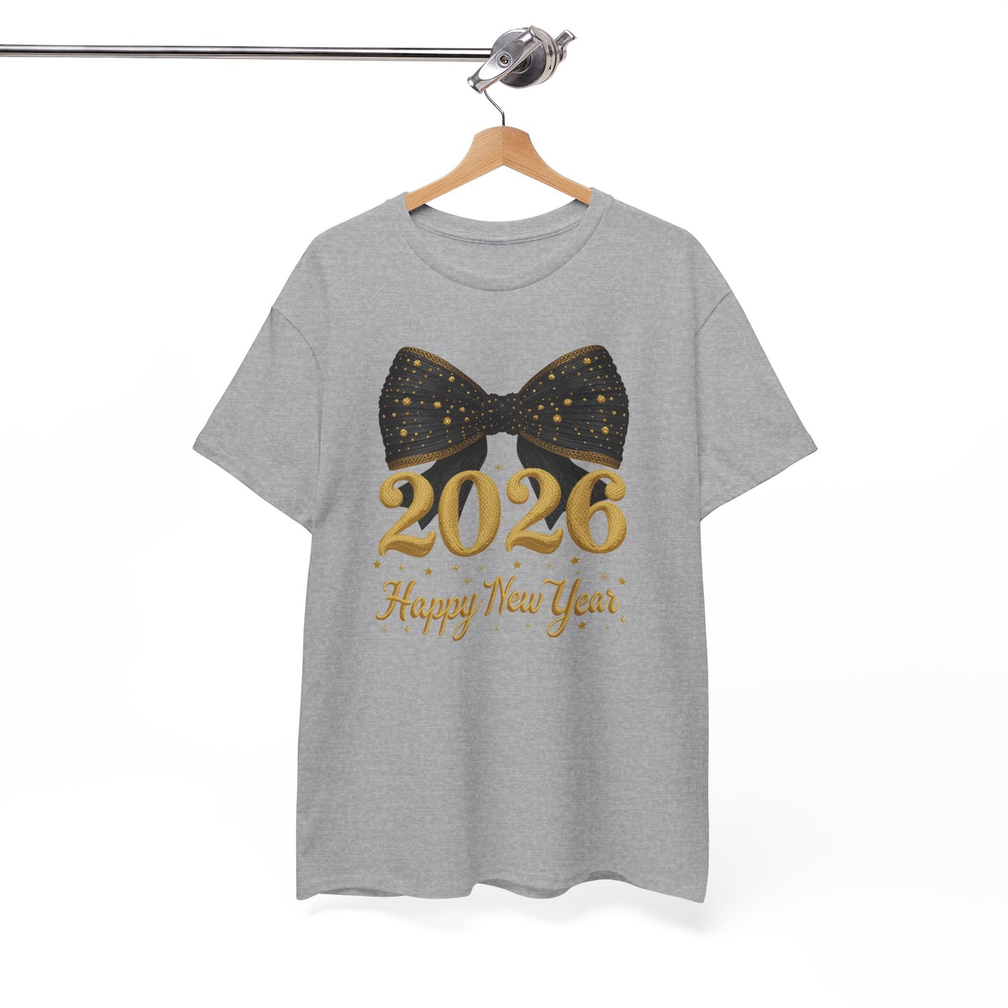 2026 Happy New Year T-Shirt — Gold Numbers with Black Sparkle Bow
