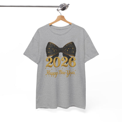 2026 Happy New Year T-Shirt — Gold Numbers with Black Sparkle Bow