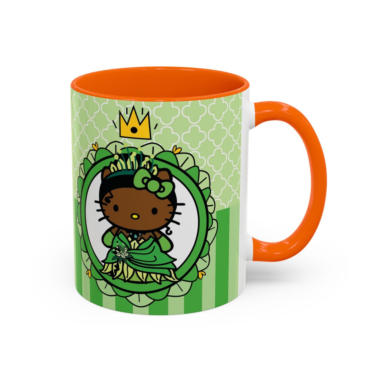 Princess Cat Illustration Accent Coffee Mug | Green Stripes