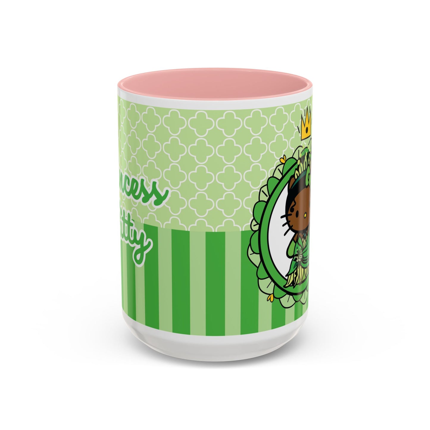 Princess Cat Illustration Accent Coffee Mug | Green Stripes