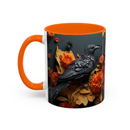 Autumn Raven Accent Coffee Mug — Black Crow & Orange Chrysanthemums (11/15oz)