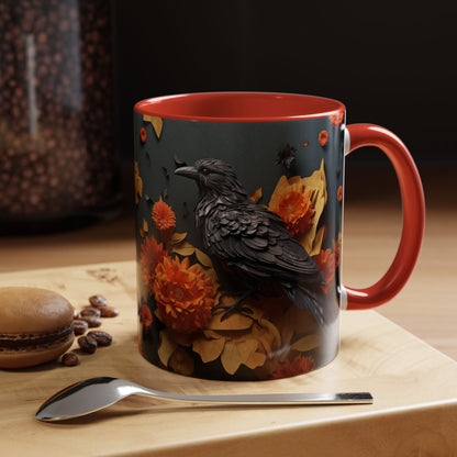 Autumn Raven Accent Coffee Mug — Black Crow & Orange Chrysanthemums (11/15oz)