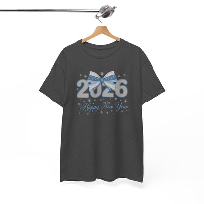 2026 Happy New Year Tee — Festive Blue Bow New Year T-Shirt