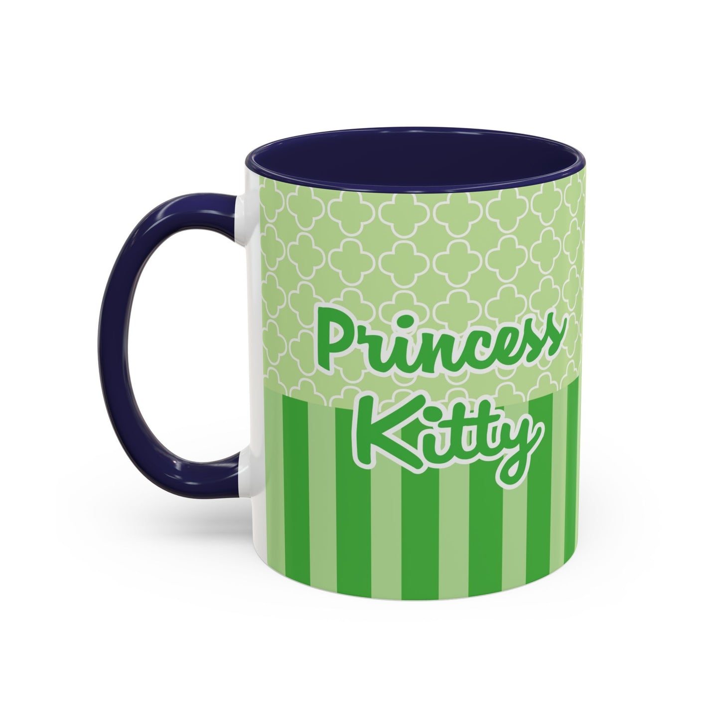 Princess Cat Illustration Accent Coffee Mug | Green Stripes
