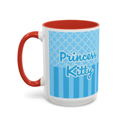 Princess Cat Illustration Accent Coffee Mug | Blue Striped Ceramic