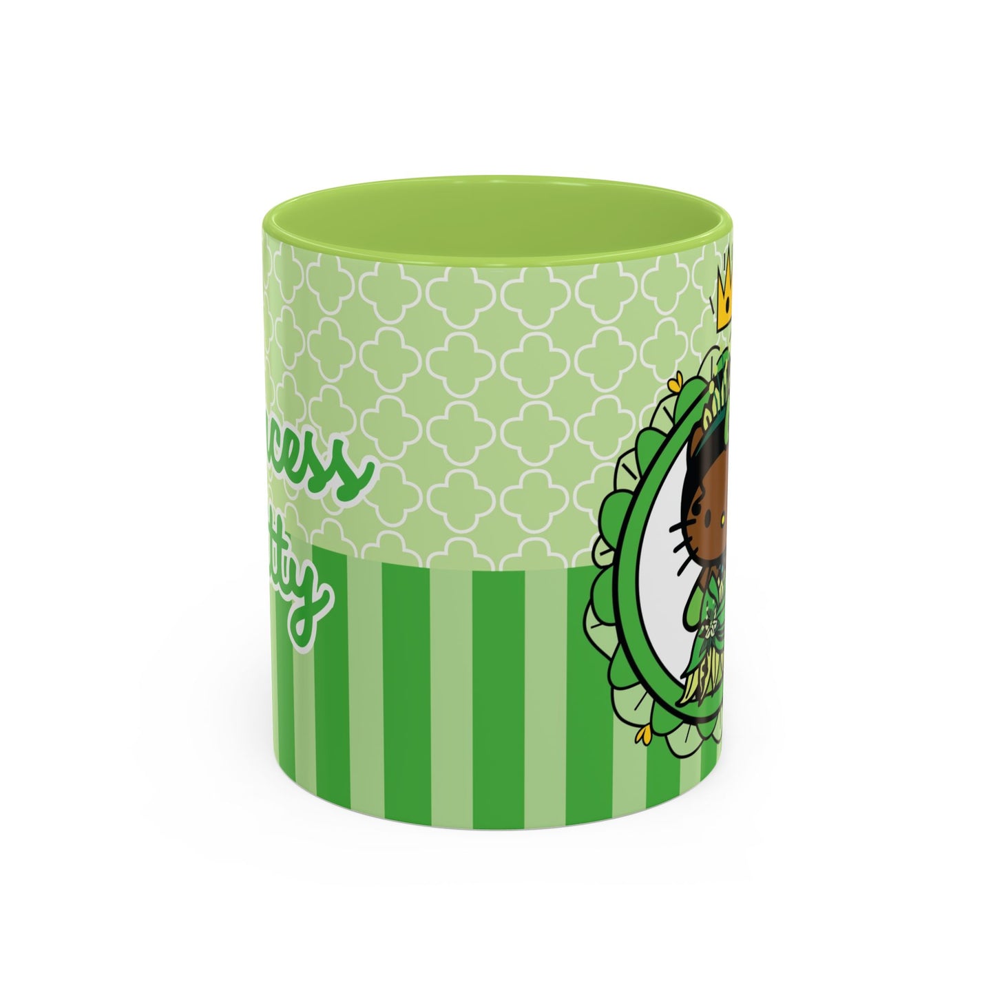 Princess Cat Illustration Accent Coffee Mug | Green Stripes