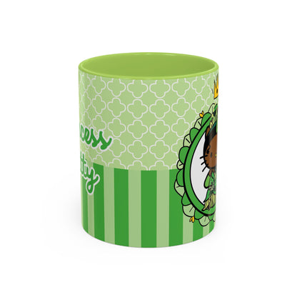 Princess Cat Illustration Accent Coffee Mug | Green Stripes